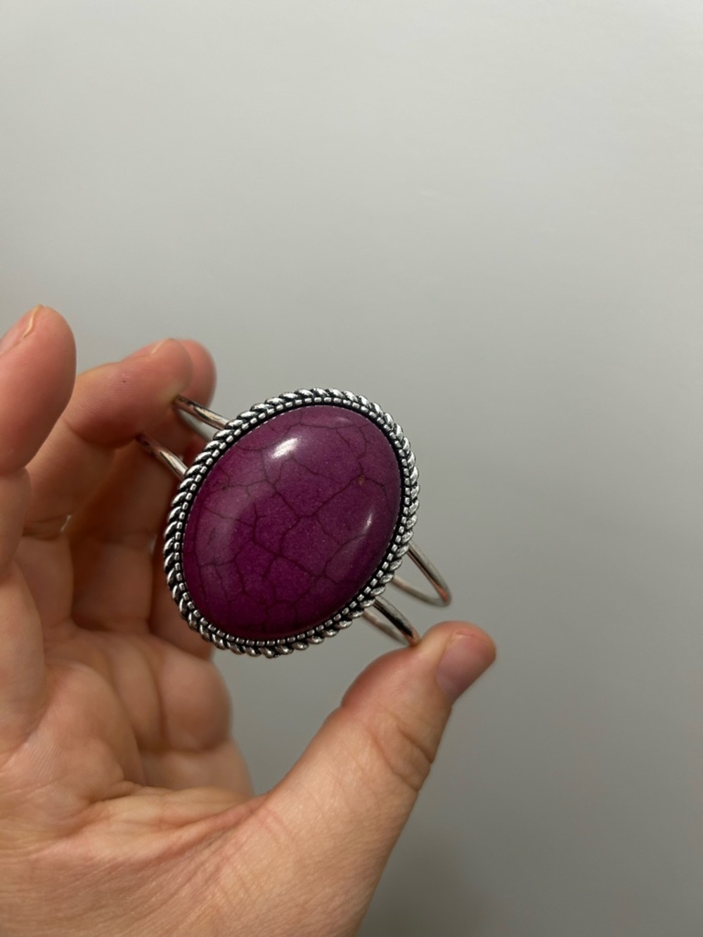 Purple Oval Stone Silver-Tone Cuff Bracelet
